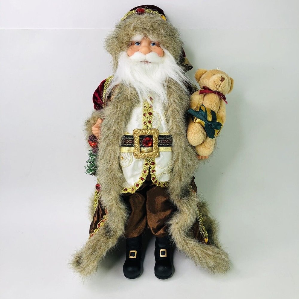 VTG WINDY HILL COLLECTION Santa wears fur coat 16” Holding Teddy Bear Gift Decor
